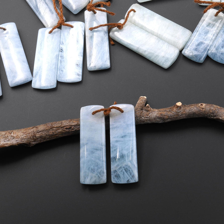 Genuine Natural Blue Aquamarine Earring Rectangle Pair Drilled Matched Gemstone Beads A5