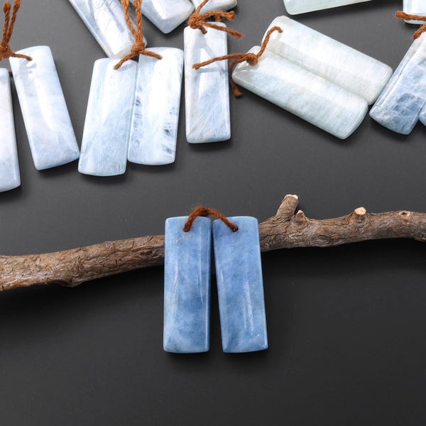 Genuine Natural Blue Aquamarine Earring Rectangle Pair Drilled Matched Gemstone Beads A6