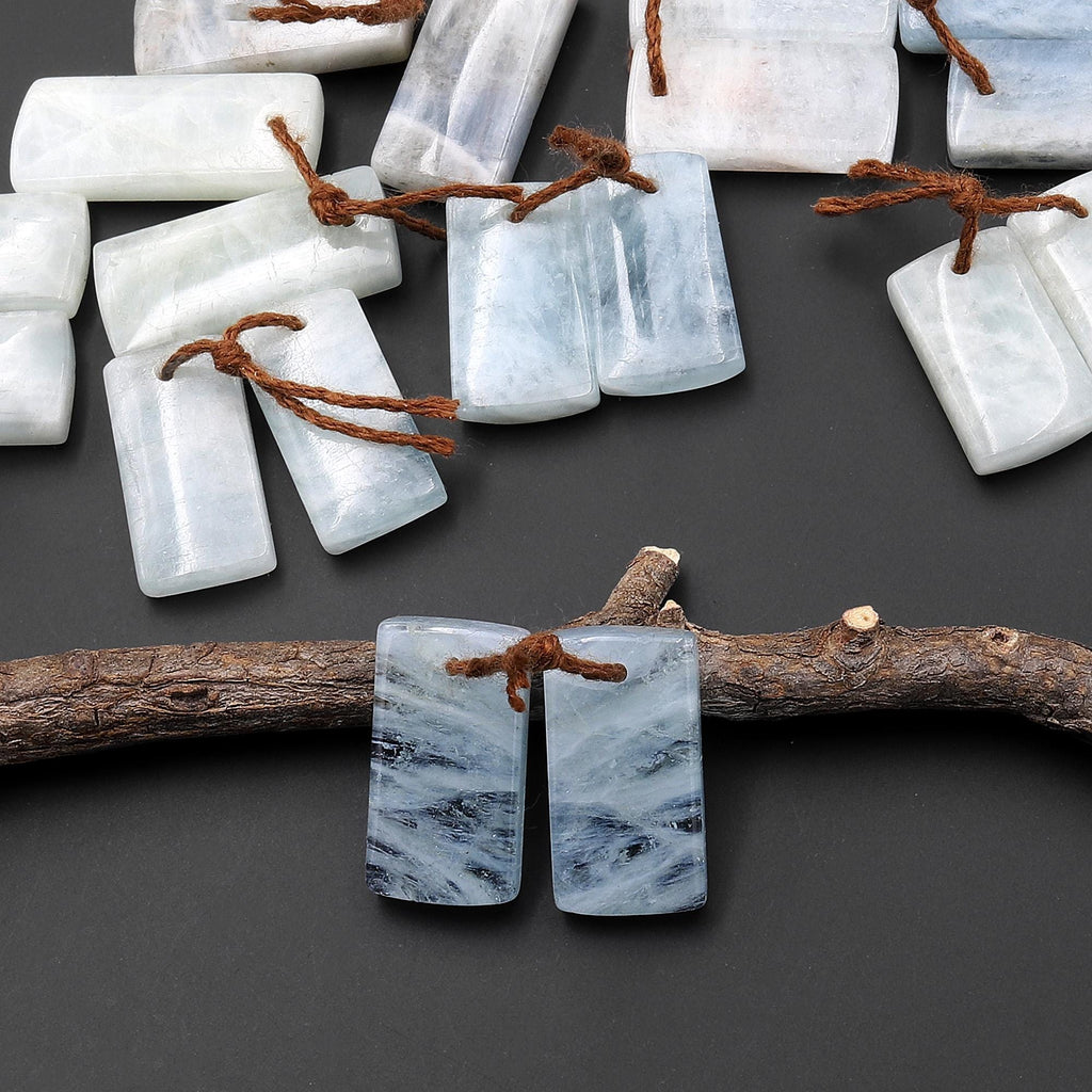 Genuine Natural Aquamarine Earring Short Rectangle Pair Drilled Matched Gemstone Beads A3