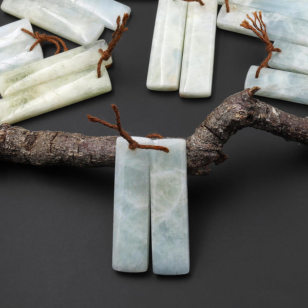 Natural Aqua Sea Green Aquamarine Earring Rectangle Pair Drilled Matched Gemstone Beads A5