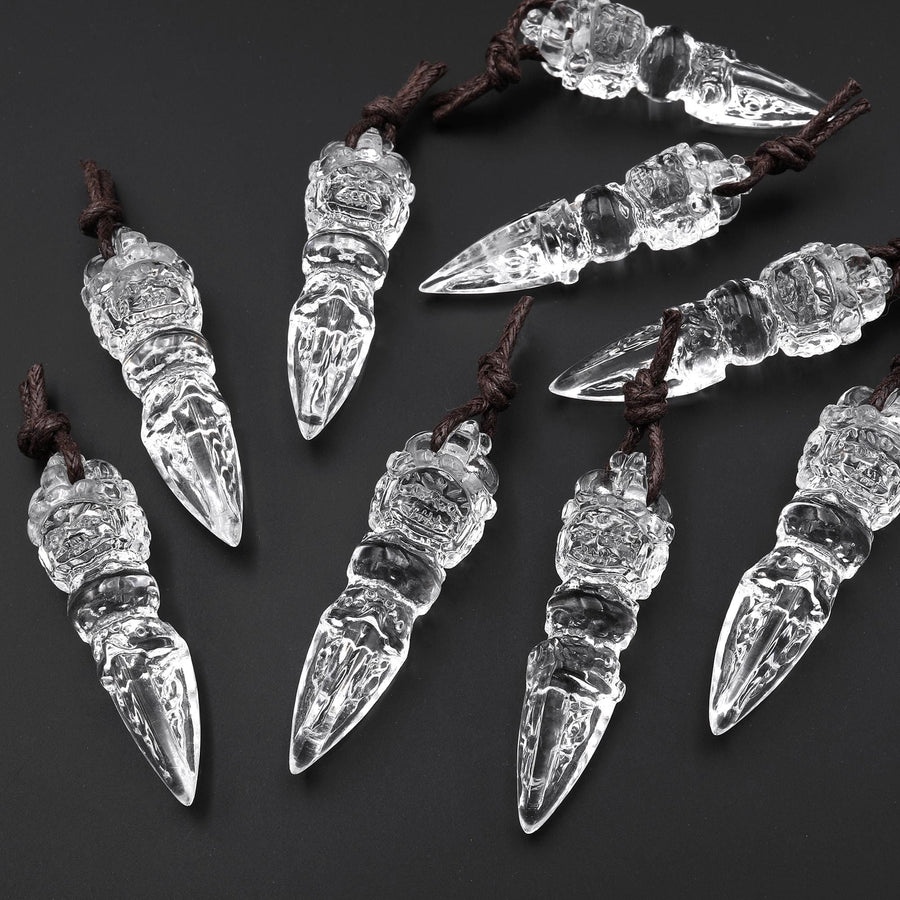 Natural Clear Rock Crystal Quartz Carved Phurba Dagger Pendant Protection Clarity and Spiritual Power