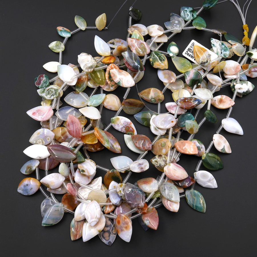 Natural Ocean Jasper Beads Top Side Drilled Leaf Teardrop Vibrant Green Yellow Red Orbs Eyes 15.5" Strand