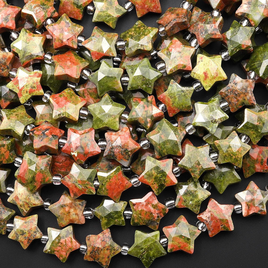 AAA Faceted Natural Unakite Beads 10mm 14mm Carved Star Gemstone 15" Strand