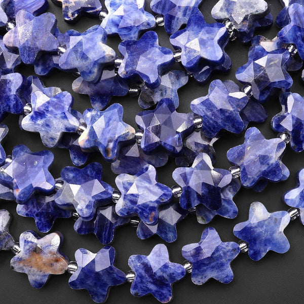 Sparkling Faceted Natural Blue Sodalite 14mm Carved Star Gemstone 15" Strand
