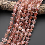 Sparkling Faceted Natural Brown Red Strawberry Quartz 14mm Carved Star Gemstone 15" Strand