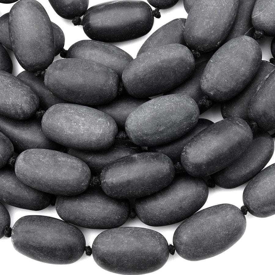 Large Hand Cut Matte Natural Brazilian Black Stone Oval Egg Nugget Beads Gemstone 15.5" Strand