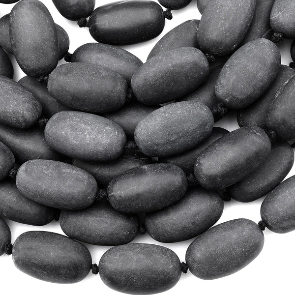 Large Hand Cut Matte Natural Brazilian Black Stone Oval Egg Nugget Beads Gemstone 15.5" Strand