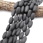 Large Hand Cut Matte Natural Brazilian Black Stone Oval Egg Nugget Beads Gemstone 15.5" Strand
