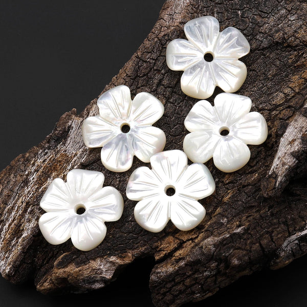 Hand Carved Center Drilled Natural White Mother of Pearl Flower Beads 14mm Choose from 1 Pc, 5 Pcs
