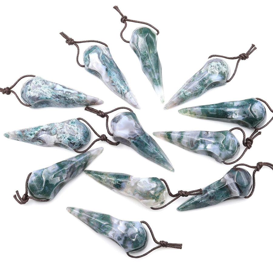 Hand Carved Natural Green Moss Agate Raven Skull Pendant Representing Wisdom Rebirth Magic