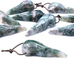 Hand Carved Natural Green Moss Agate Raven Skull Pendant Representing Wisdom Rebirth Magic