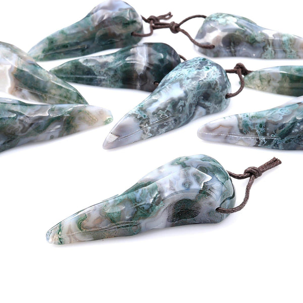 Hand Carved Natural Green Moss Agate Raven Skull Pendant Representing Wisdom Rebirth Magic A1