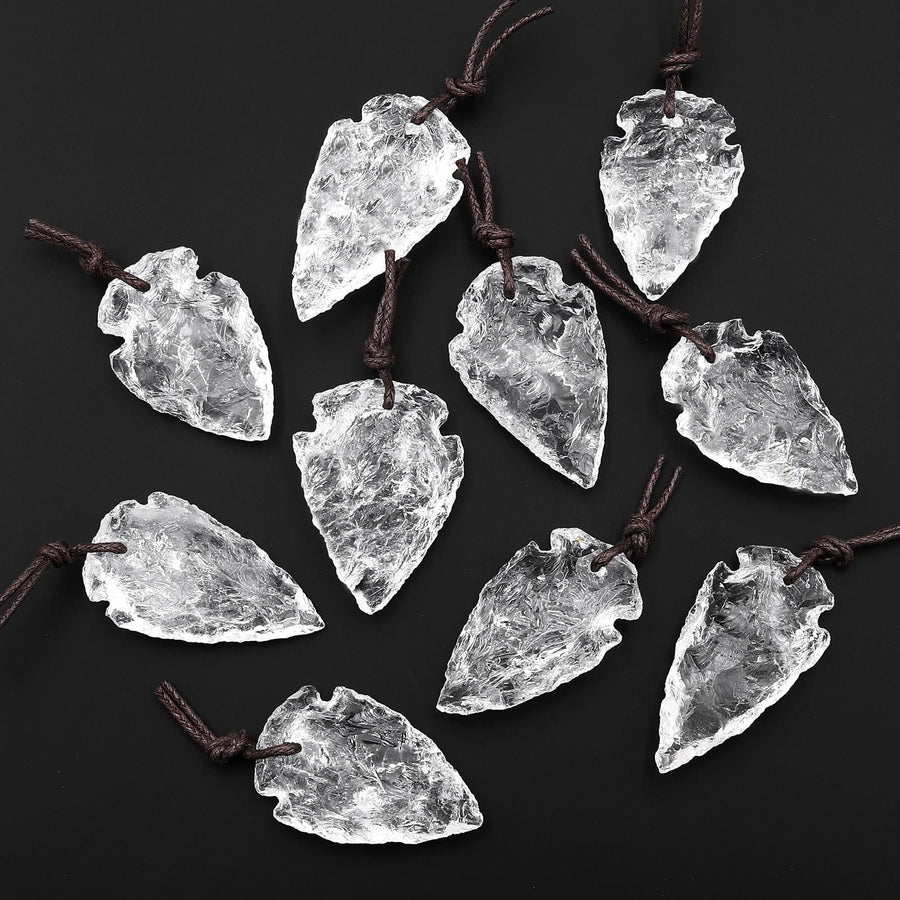 Natural Rough Raw Rock Crystal Quartz Hand Hammered Arrowhead Drilled Pendant