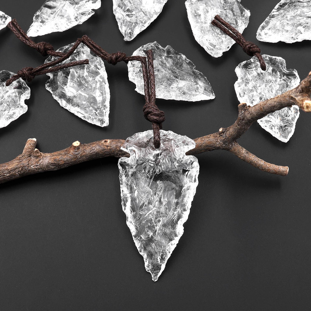 Natural Rough Raw Rock Crystal Quartz Hand Hammered Arrowhead Drilled Pendant