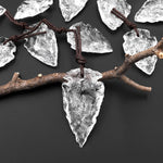 Natural Rough Raw Rock Crystal Quartz Hand Hammered Arrowhead Drilled Pendant