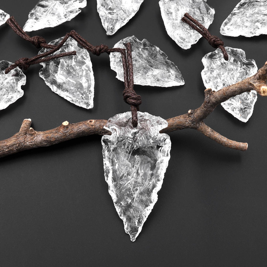 Natural Rough Raw Rock Crystal Quartz Hand Hammered Arrowhead Drilled Pendant