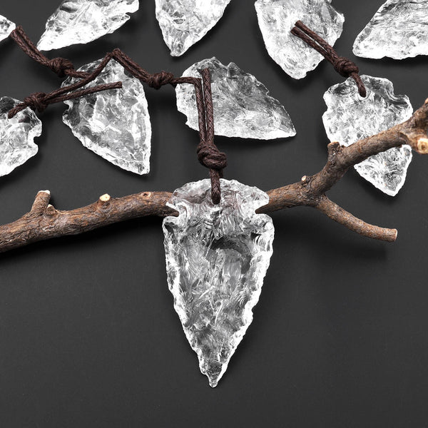 Natural Rough Raw Rock Crystal Quartz Hand Hammered Arrowhead Drilled Pendant