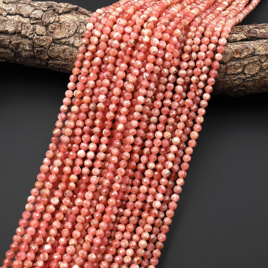 AAA Faceted Natural Rhodochrosite 4mm Round Beads Micro Diamond Cut Genuine Red Pink Gemstone 15.5" Strand
