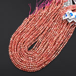 AAA Faceted Natural Rhodochrosite 4mm Round Beads Micro Diamond Cut Genuine Red Pink Gemstone 15.5" Strand