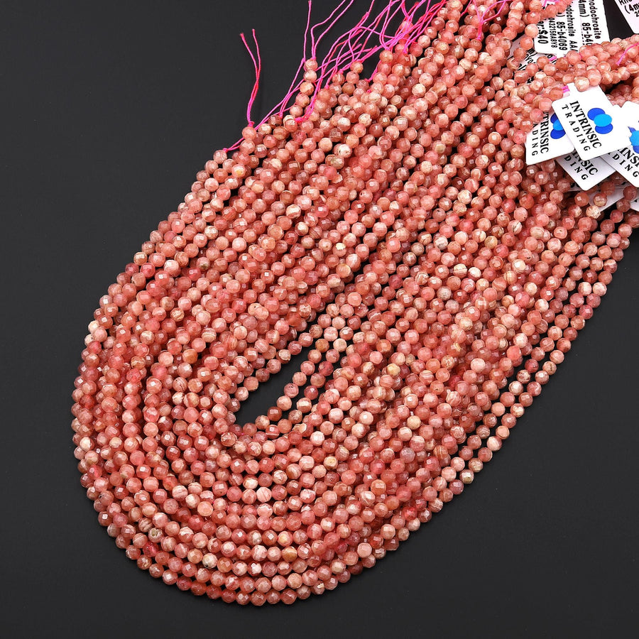 AAA Faceted Natural Rhodochrosite 4mm Round Beads Micro Diamond Cut Genuine Red Pink Gemstone 15.5" Strand