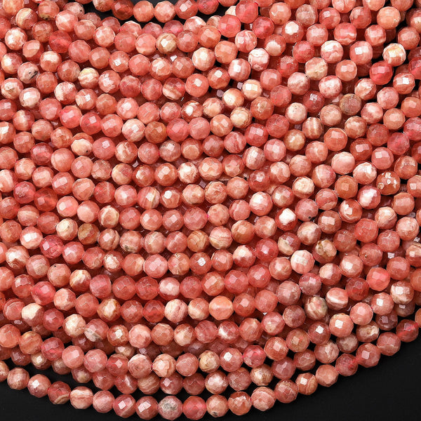 AAA Faceted Natural Rhodochrosite 4mm Round Beads Micro Diamond Cut Genuine Red Pink Gemstone 15.5" Strand