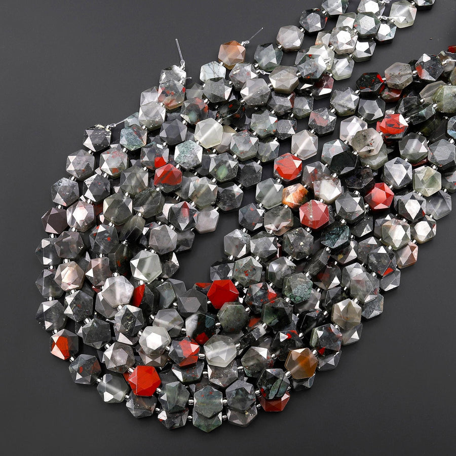 AAA Faceted Natural African Bloodstone Geometric Hexagon Coin 12mm Gemstone 15.5" Strand