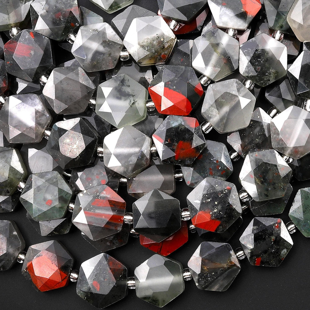 AAA Faceted Natural African Bloodstone Geometric Hexagon Coin 12mm Gemstone 15.5" Strand