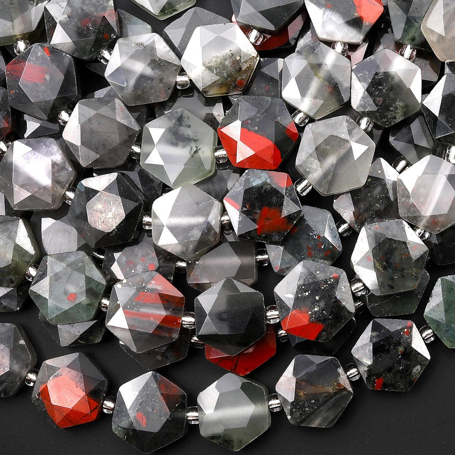 AAA Faceted Natural African Bloodstone Geometric Hexagon Coin 12mm Gemstone 15.5" Strand