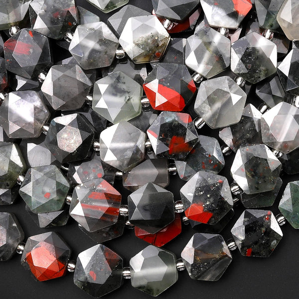 AAA Faceted Natural African Bloodstone Geometric Hexagon Coin 12mm Gemstone 15.5" Strand