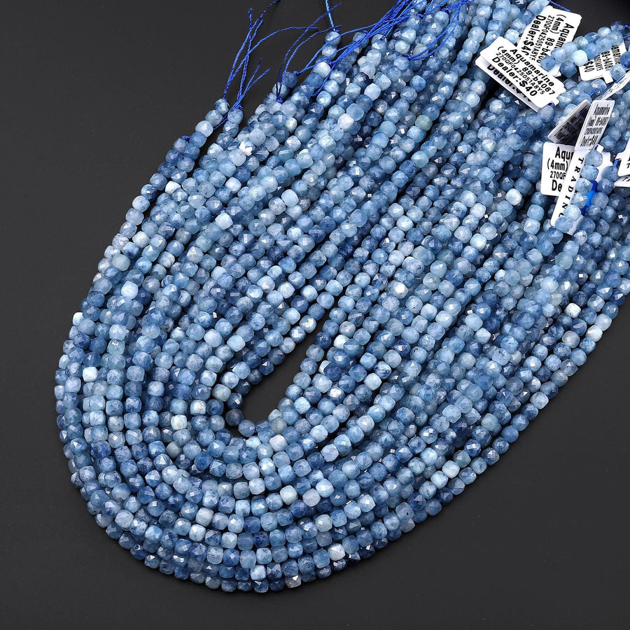 Faceted Natural Blue Aquamarine 4mm Cube Beads Gemstone 15.5" Strand