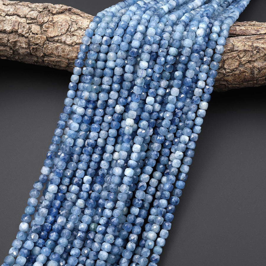 Faceted Natural Blue Aquamarine 4mm Cube Beads Gemstone 15.5" Strand
