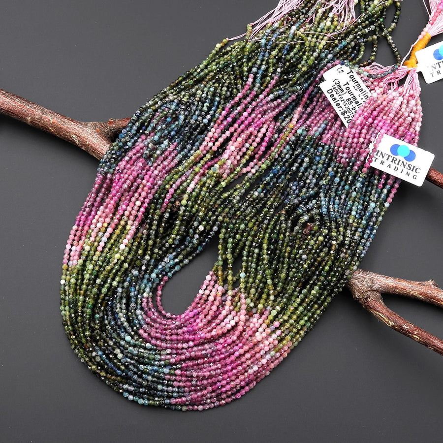 Faceted Natural Pink Green Blue Paraiba Tourmaline Micro Faceted 2mm Round Ombre Graduating Colors Gemstone Beads 15.5" Strand