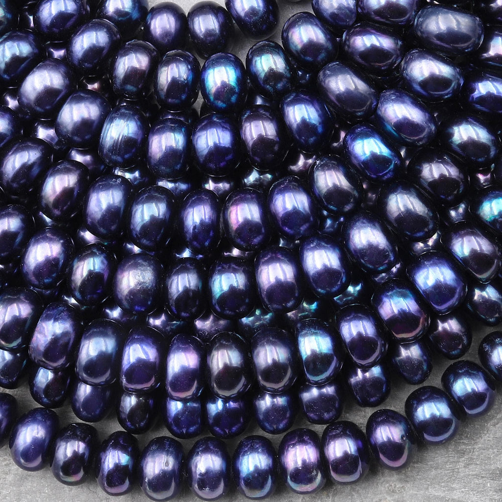Genuine Freshwater Pearl 10mm Rondelle Brilliant Metallic Peacock Blue Color 15" Strand