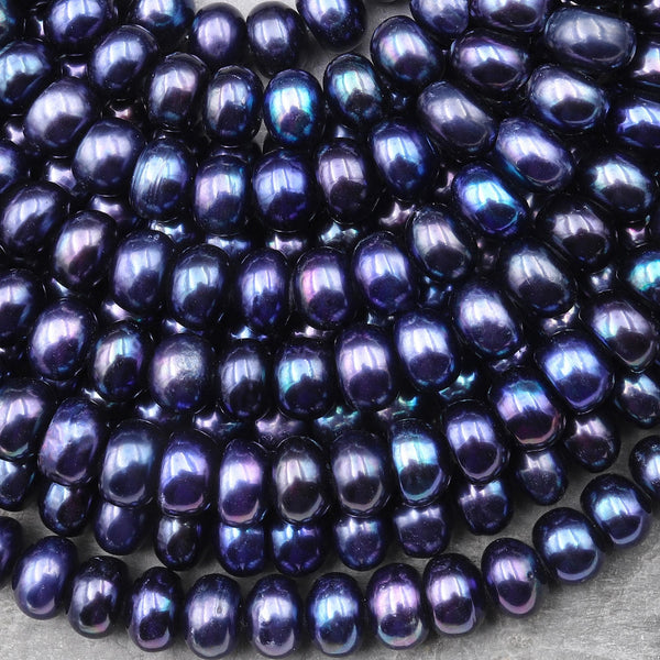 Genuine Freshwater Pearl 10mm Rondelle Brilliant Metallic Peacock Blue Color 15" Strand