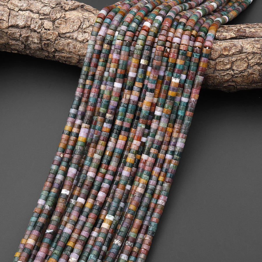 Natural Indian Agate 4mm Heishi Rondelle Beads Mauve Pink Forest Green Golden Brown 15.5" Strand