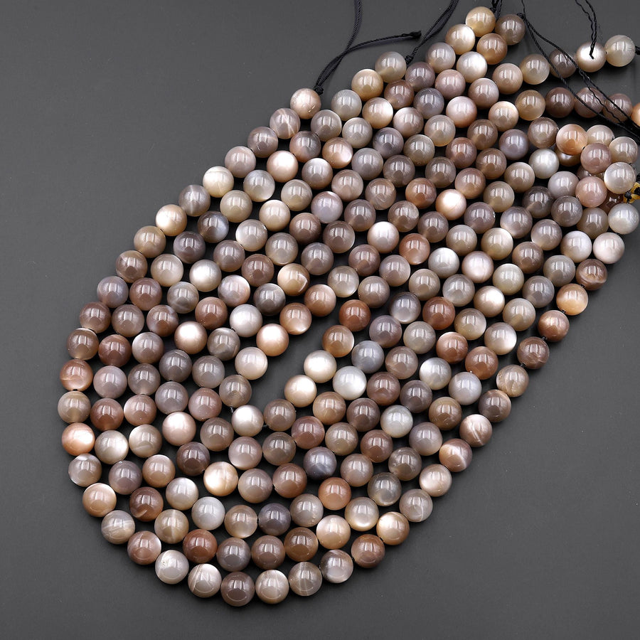 AAA Chatoyant Natural Gray Peach Moonstone 6mm 8mm 10mm Smooth Round Beads 15.5" Strand