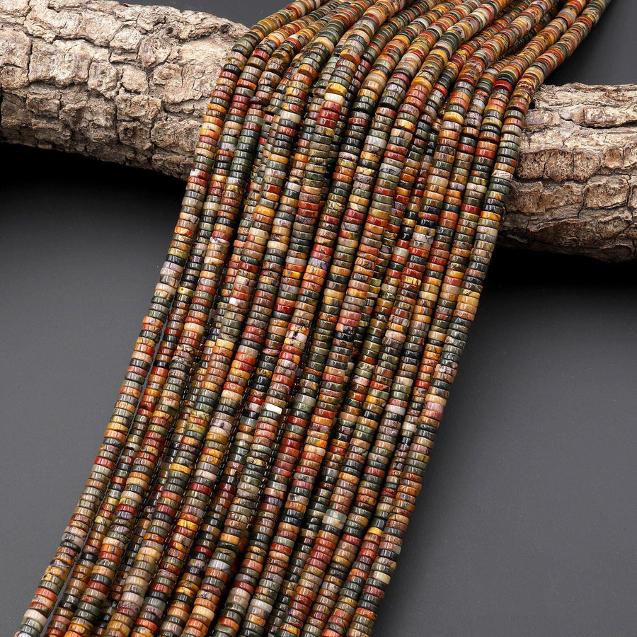 Natural Red Creek Jasper Beads 4mm Smooth Thin Heishi Rondelle Disc Aka Multicolor Picasso Jasper 15.5" Strand
