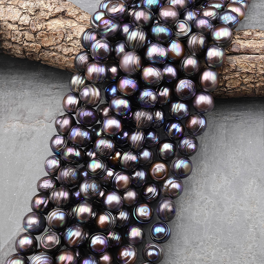 Large Black Peacock Pearl 10mm 12mm Off Round Organic Shape 15" Strand