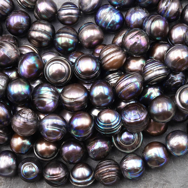 Large Black Peacock Pearl 10mm 12mm Off Round Organic Shape 15" Strand