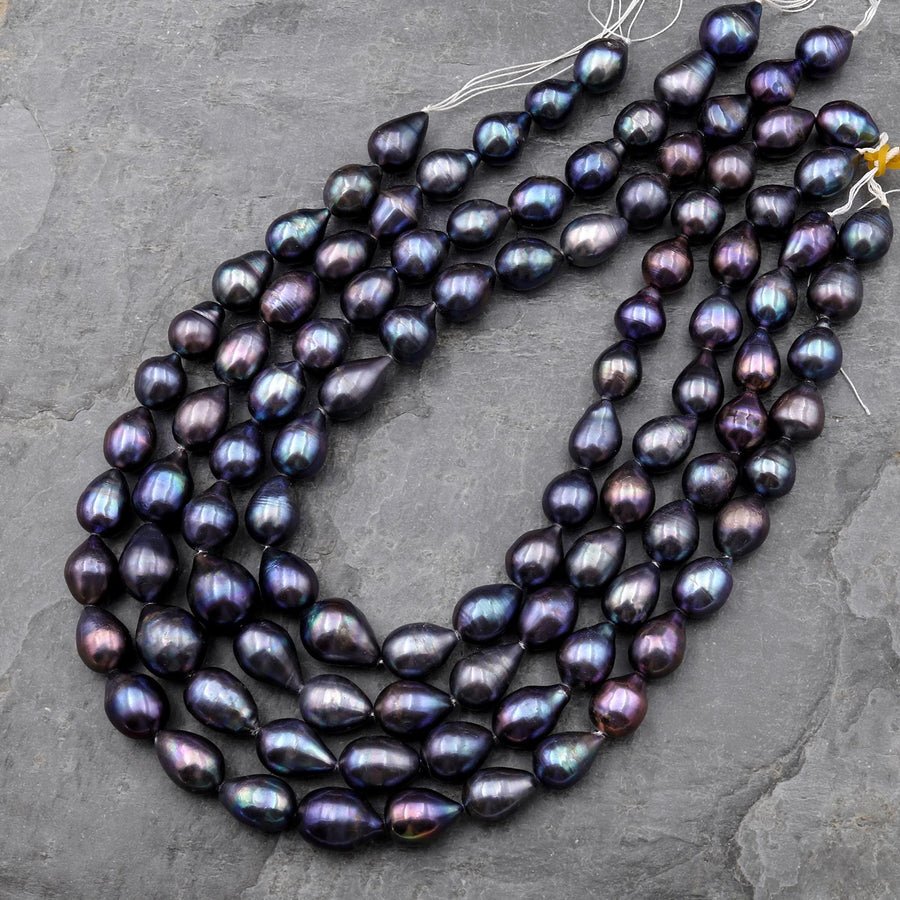 AAA Large Natural Black Peacock Teardrop Pearl Good For Earrings Vertically Drilled 15.5" Strand
