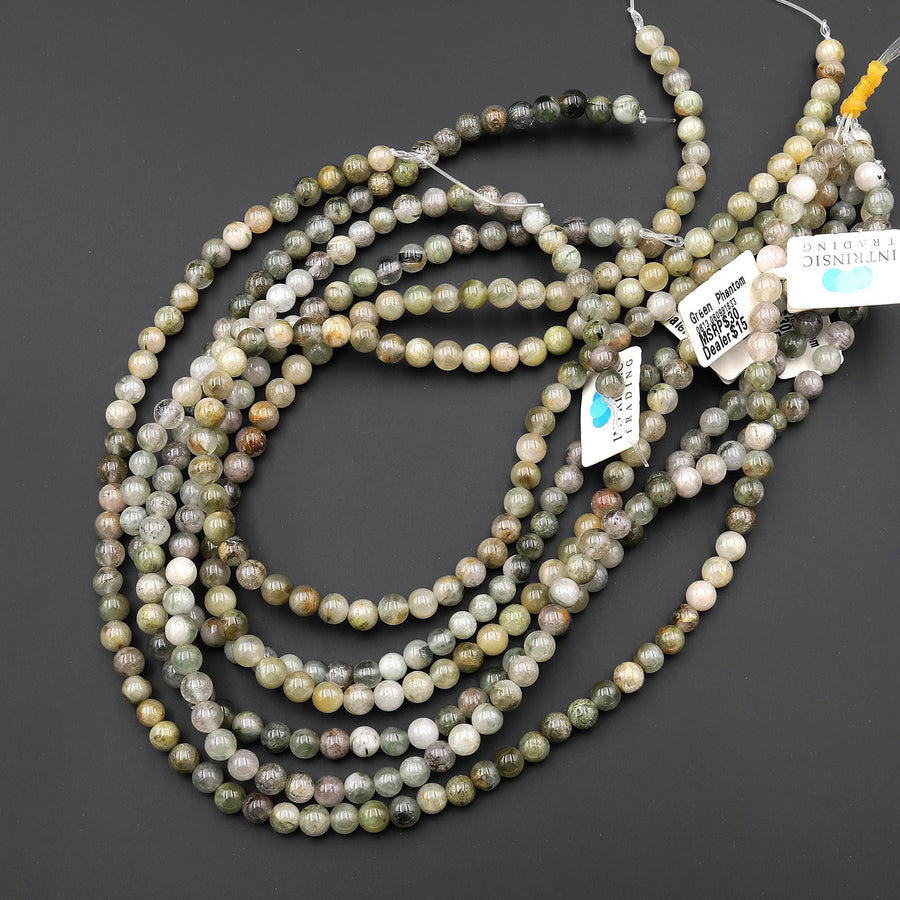 Natural Green Phantom Quartz Beads Lodolite Beads 5mm 6mm Smooth Round 15.5" Strand