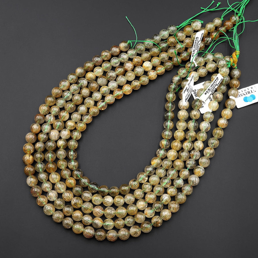Rare Natural Golden Green Tourmaline Rutilated Quartz 8mm 10mm Round Beads 15.5" Strand