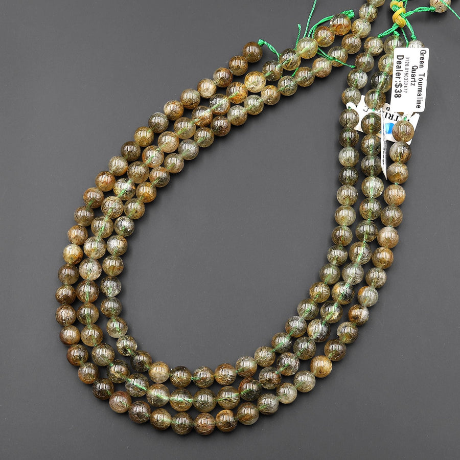 Rare Natural Golden Green Tourmaline Rutilated Quartz 8mm 10mm 11mm 12mm Round Beads 15.5" Strand