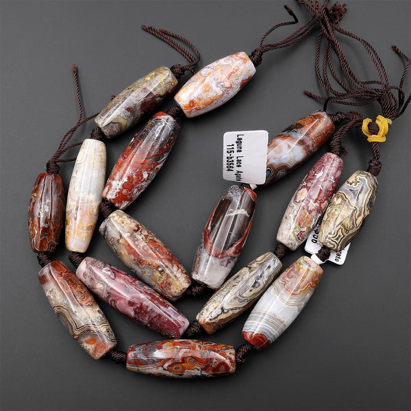 Large Natural Laguna Lace Agate Long Barrel Cylinder Beads 7.5" Strand