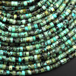 May include: A close-up of a strand of turquoise beads. The beads are a mix of green, blue, and black colors and have a round, tube-like shape. The beads are arranged in a circular pattern, creating a visual texture.