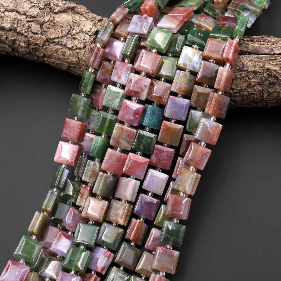 AAA Natural Indian Agate Smooth Square Beads w/ Grooved Line Around Aka Green Pink Red Bloodstone 15" Strand