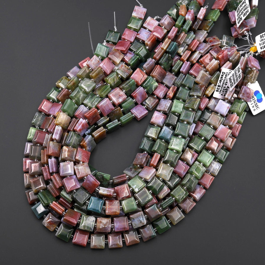 AAA Natural Indian Agate Smooth Square Beads w/ Grooved Line Around Aka Green Pink Red Bloodstone 15" Strand