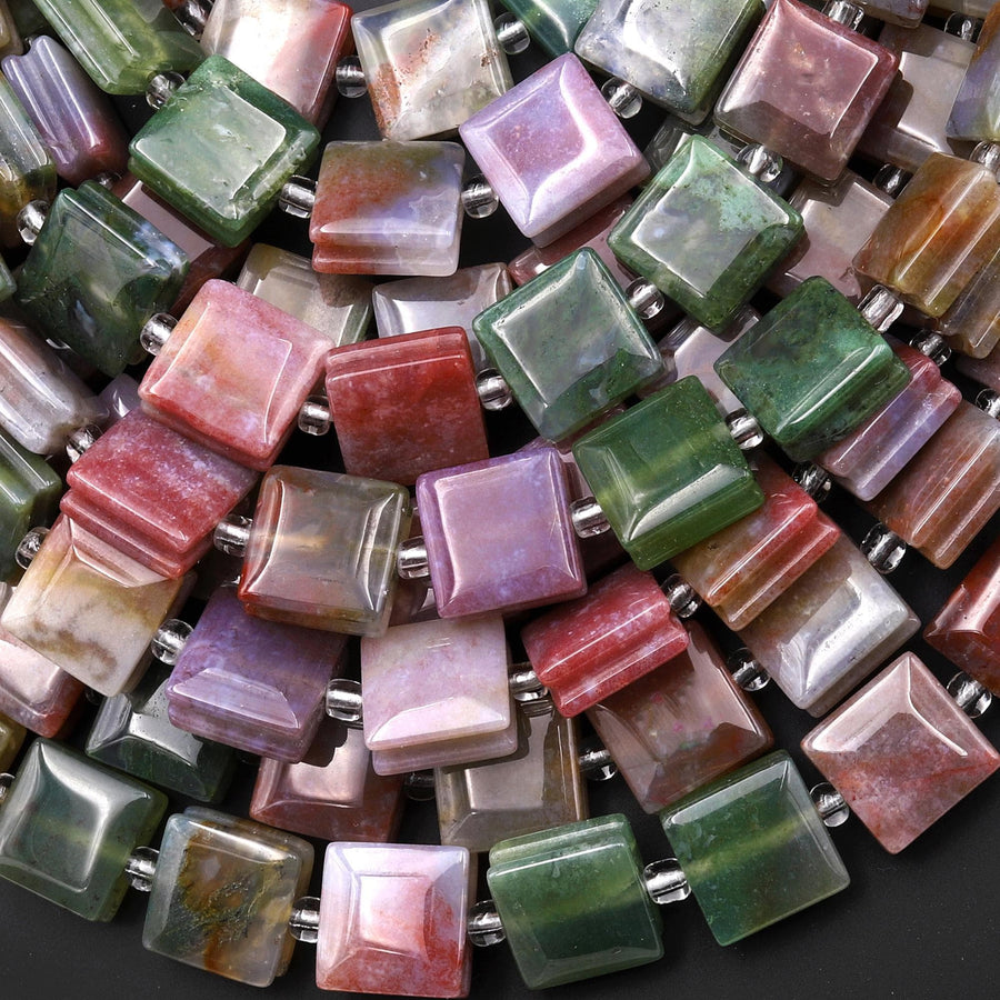 AAA Natural Indian Agate Smooth Square Beads w/ Grooved Line Around Aka Green Pink Red Bloodstone 15" Strand