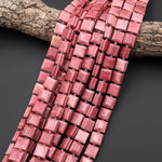 AAA Natural Pink Petrified Rhodonite Smooth Square Beads w/ Grooved Line Around 16" Strand