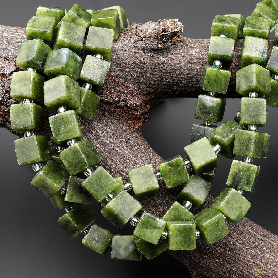 Natural Green Serpentine Jade 8mm Smooth Cube Dice Gemstone Beads 15.5" Strand
